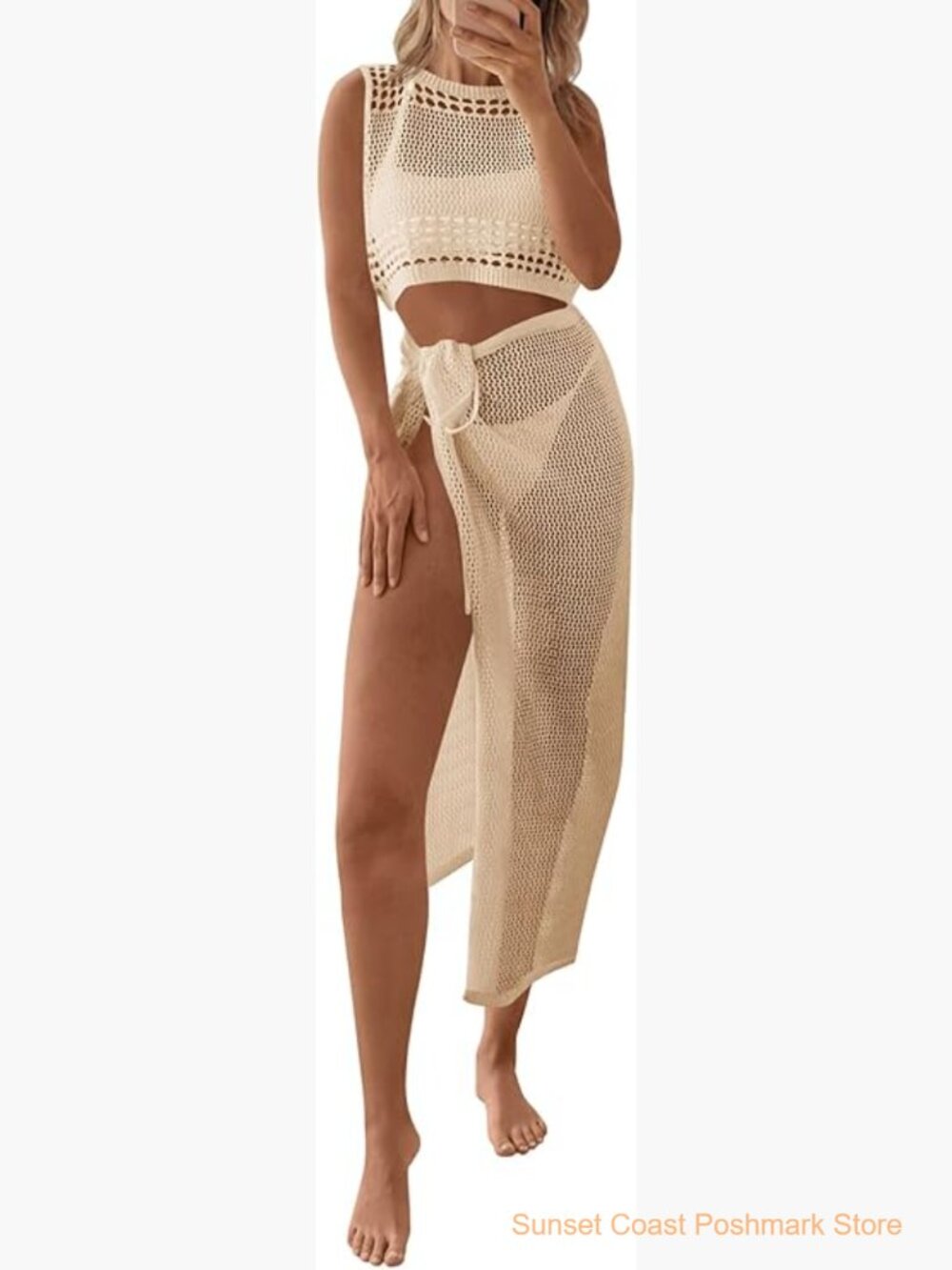 Crochet Swim Cover Up Set Sleeveless Crop Top Wrap Skirt